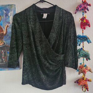 Vintage Black/Green Glitter 3/4 Sleeve Wrap Top